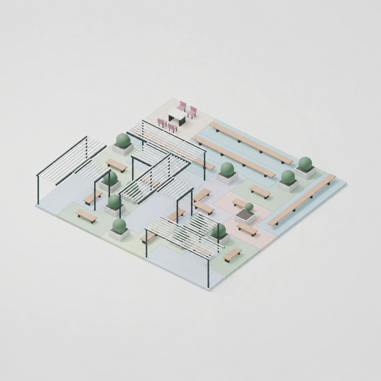 Isometric render of Courtyard Kit with seating, planting and pergolas on a tiled terrace.